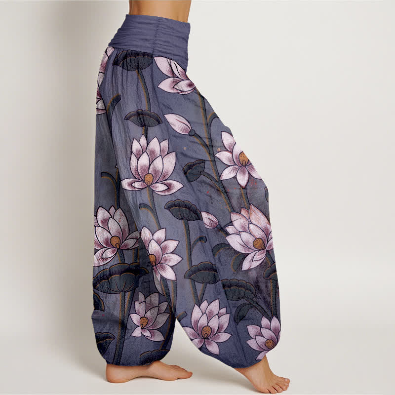 Buddha Stones Pantaloni harem da donna in puro cotone con motivo a fiori di loto e vita elasticizzata. - image 9
