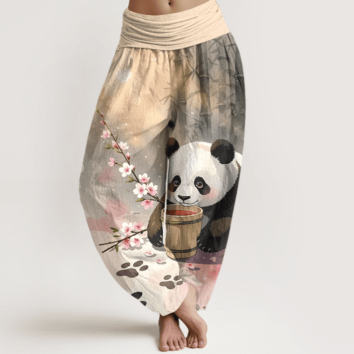 Buddha Stones Pantaloni harem da donna in puro cotone con motivo panda e fiori di bambù, vita elasticizzata. - Grano - US16, UK/AU20, EU48 (3XL) - image 0