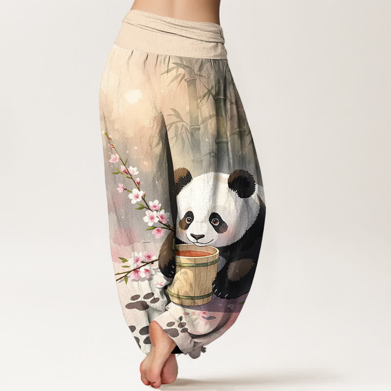 Buddha Stones Pantaloni harem da donna in puro cotone con motivo panda e fiori di bambù, vita elasticizzata. - image 1