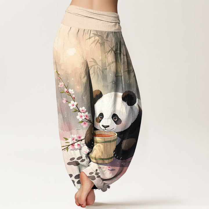 Buddha Stones Pantaloni harem da donna in puro cotone con motivo panda e fiori di bambù, vita elasticizzata. - image 1