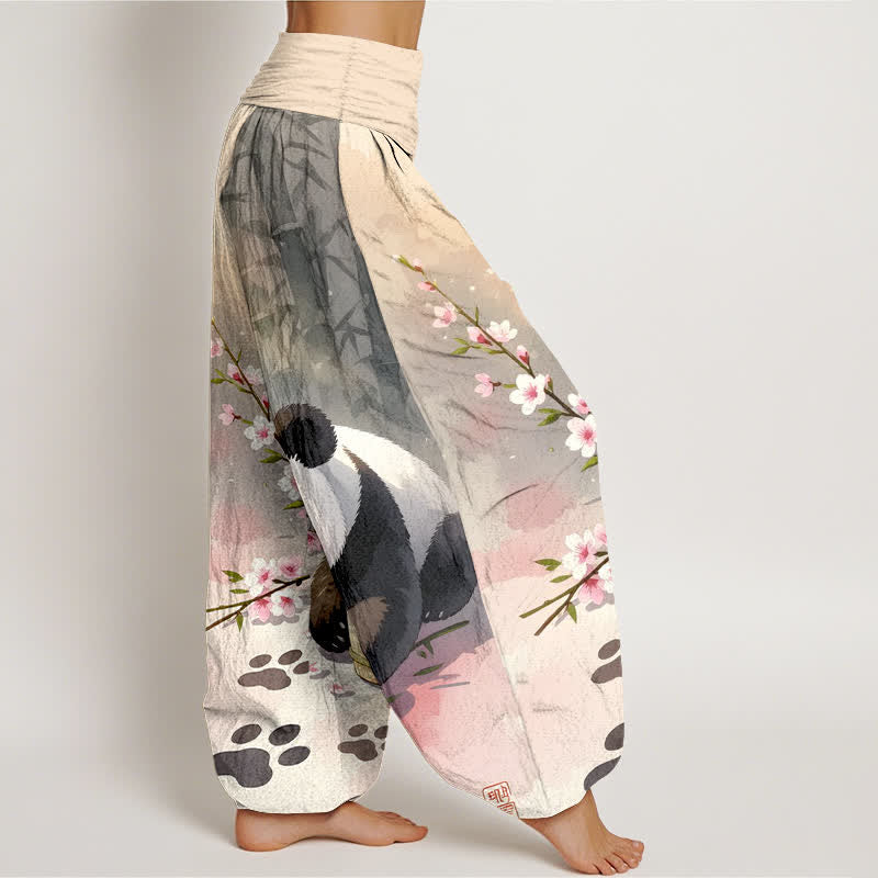 Buddha Stones Pantaloni harem da donna in puro cotone con motivo panda e fiori di bambù, vita elasticizzata. - image 2