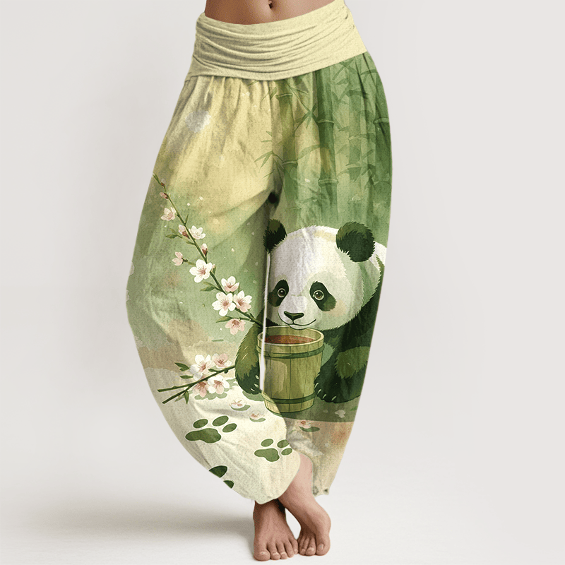 Buddha Stones Pantaloni harem da donna in puro cotone con motivo panda e fiori di bambù, vita elasticizzata. - GialloVerde - US16, UK/AU20, EU48 (3XL) - image 5