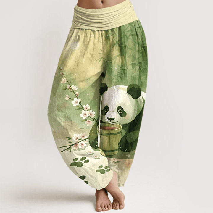 Buddha Stones Pantaloni harem da donna in puro cotone con motivo panda e fiori di bambù, vita elasticizzata. - GialloVerde - US16, UK/AU20, EU48 (3XL) - image 5