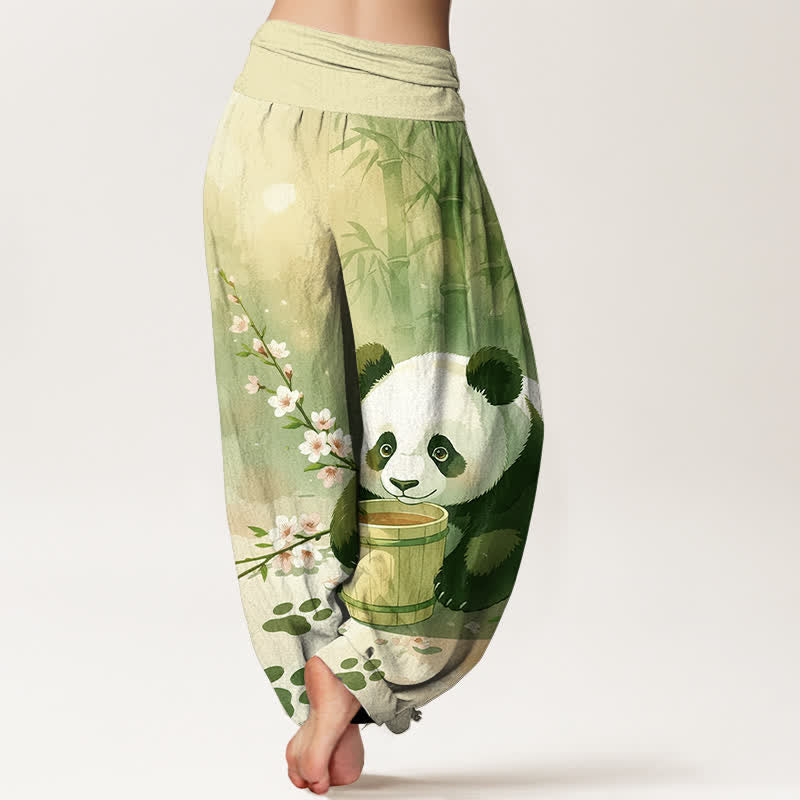 Buddha Stones Pantaloni harem da donna in puro cotone con motivo panda e fiori di bambù, vita elasticizzata. - image 6