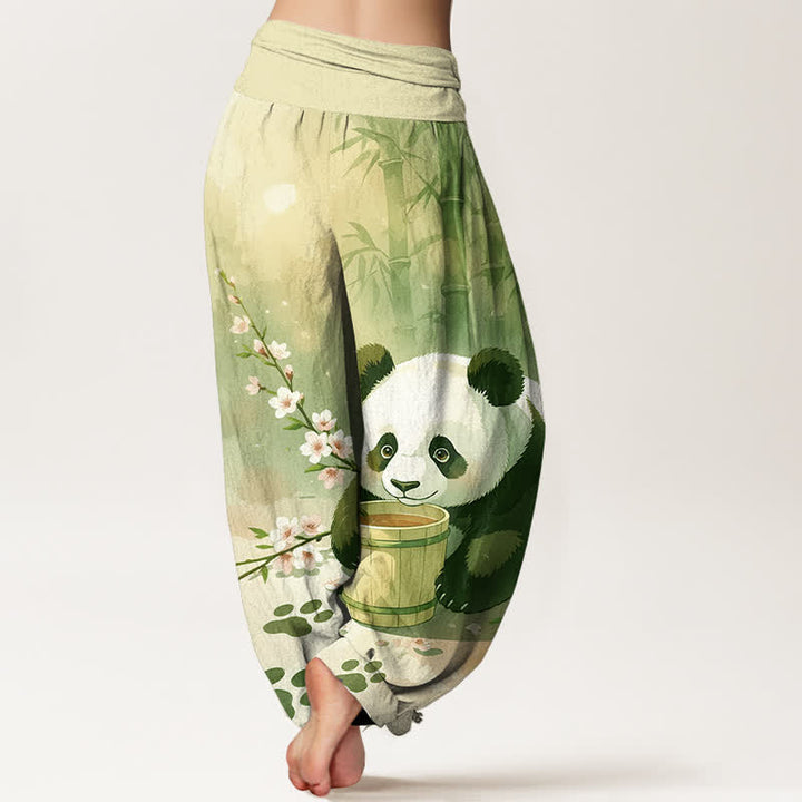 Buddha Stones Pantaloni harem da donna in puro cotone con motivo panda e fiori di bambù, vita elasticizzata. - image 6