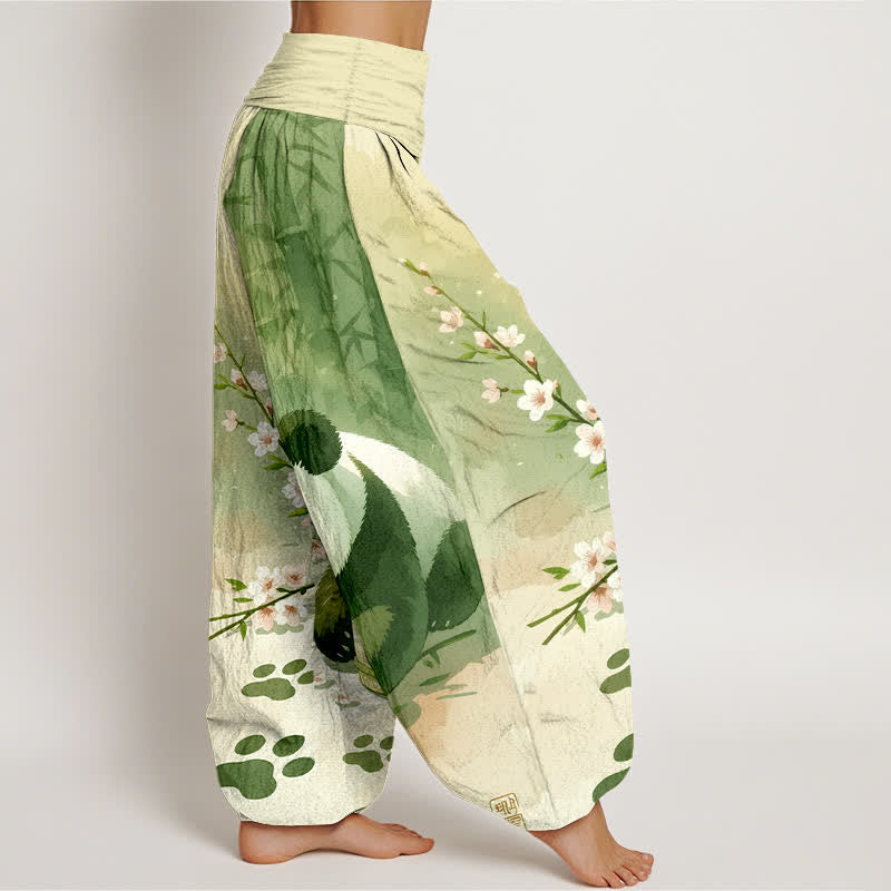 Buddha Stones Pantaloni harem da donna in puro cotone con motivo panda e fiori di bambù, vita elasticizzata. - image 7
