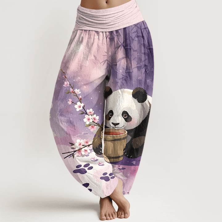 Buddha Stones Pantaloni harem da donna in puro cotone con motivo panda e fiori di bambù, vita elasticizzata. - Prugna - US16, UK/AU20, EU48 (3XL) - image 8