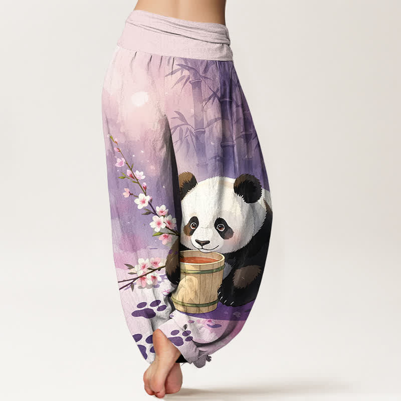 Buddha Stones Pantaloni harem da donna in puro cotone con motivo panda e fiori di bambù, vita elasticizzata. - image 9