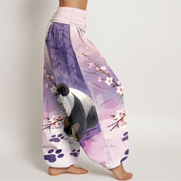 Buddha Stones Pantaloni harem da donna in puro cotone con motivo panda e fiori di bambù, vita elasticizzata. - image 10