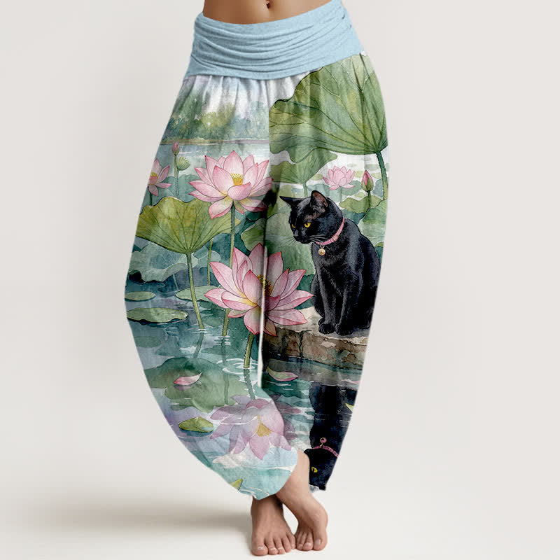 Buddha Stones Pantaloni harem da donna in puro cotone con motivo gatto nero e loto, con elastico in vita. - Azzurro chiaro - US16, UK/AU20, EU48 (3XL) - image 0