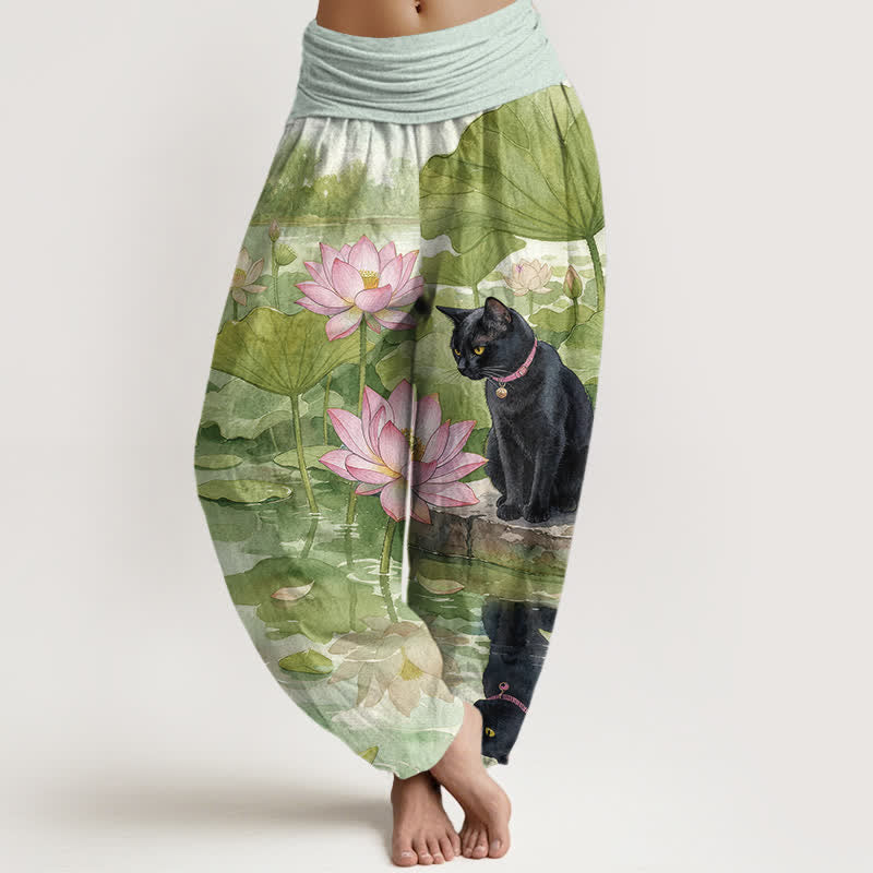 Buddha Stones Pantaloni harem da donna in puro cotone con motivo gatto nero e loto, con elastico in vita. - GialloVerde - US16, UK/AU20, EU48 (3XL) - image 5