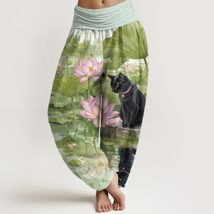 Buddha Stones Pantaloni harem da donna in puro cotone con motivo gatto nero e loto, con elastico in vita. - GialloVerde - US16, UK/AU20, EU48 (3XL) - image 5