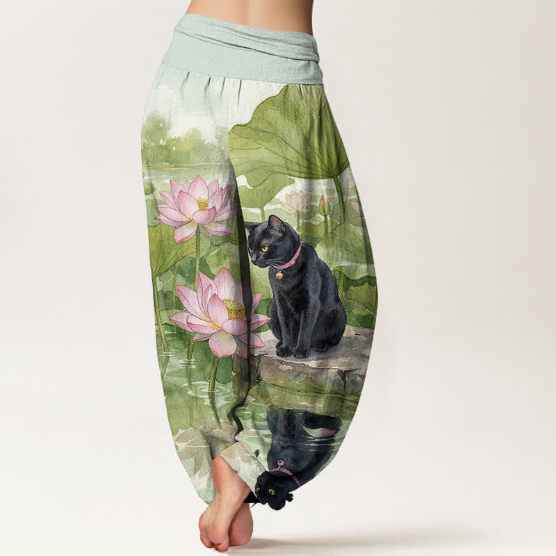 Buddha Stones Pantaloni harem da donna in puro cotone con motivo gatto nero e loto, con elastico in vita. - image 6