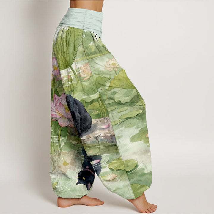 Buddha Stones Pantaloni harem da donna in puro cotone con motivo gatto nero e loto, con elastico in vita. - image 7