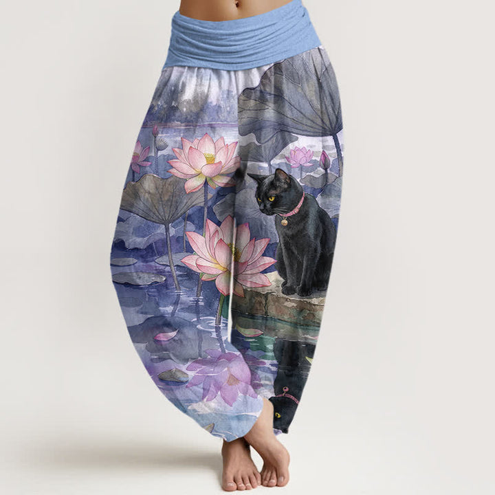 Buddha Stones Pantaloni harem da donna in puro cotone con motivo gatto nero e loto, con elastico in vita. - Viola medio - US16, UK/AU20, EU48 (3XL) - image 8