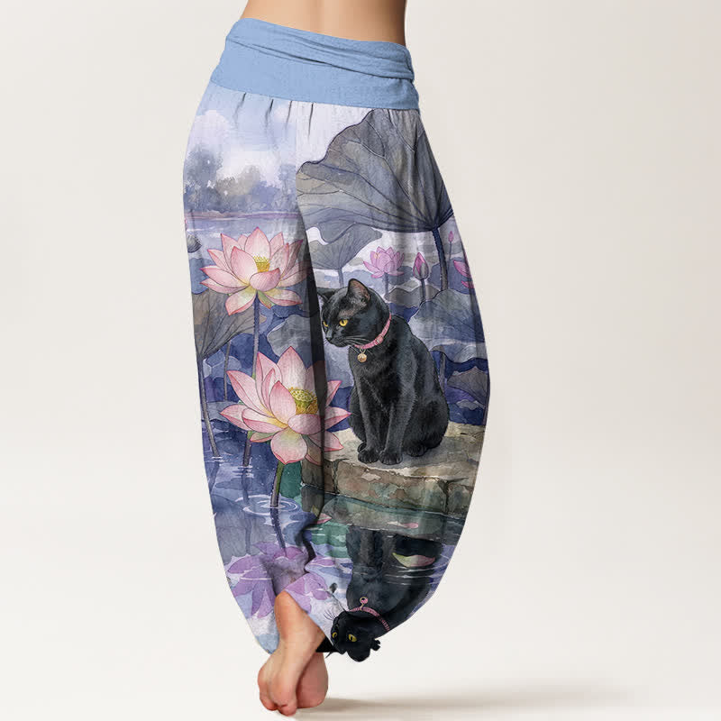 Buddha Stones Pantaloni harem da donna in puro cotone con motivo gatto nero e loto, con elastico in vita. - image 9