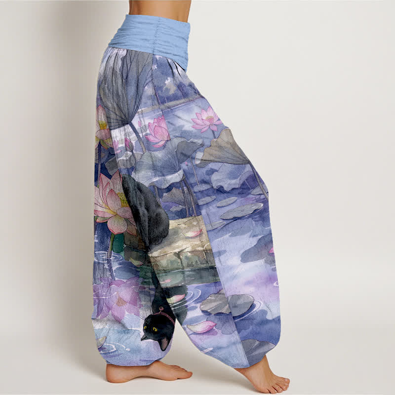 Buddha Stones Pantaloni harem da donna in puro cotone con motivo gatto nero e loto, con elastico in vita. - image 10