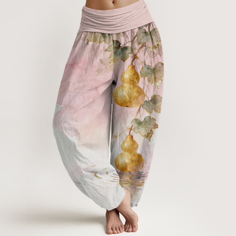 Buddha Stones Pantaloni harem da donna in cotone con motivo a foglie di zucca dorata e elastico in vita. - Rosa - US16, UK/AU20, EU48 (3XL) - image 0