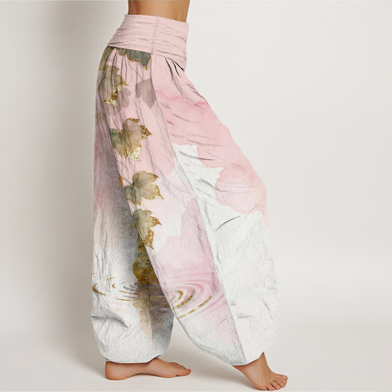 Buddha Stones Pantaloni harem da donna in cotone con motivo a foglie di zucca dorata e elastico in vita. - image 2