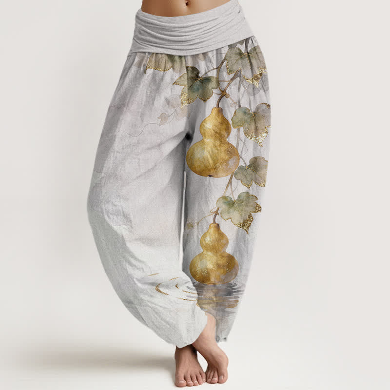 Buddha Stones Pantaloni harem da donna in cotone con motivo a foglie di zucca dorata e elastico in vita. - Gainsboro - US16, UK/AU20, EU48 (3XL) - image 5