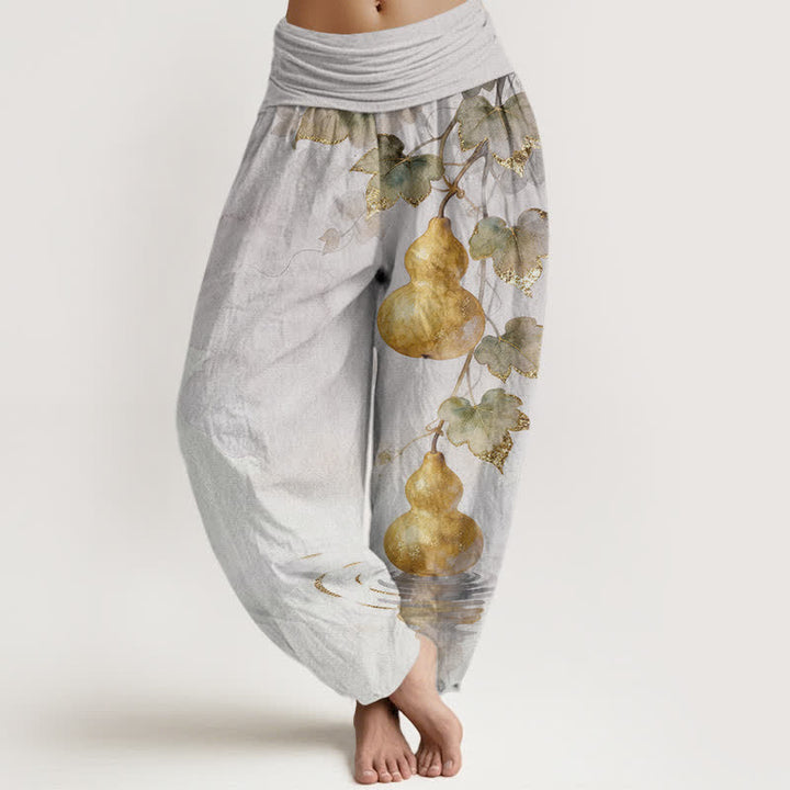 Buddha Stones Pantaloni harem da donna in cotone con motivo a foglie di zucca dorata e elastico in vita. - Gainsboro - US16, UK/AU20, EU48 (3XL) - image 5