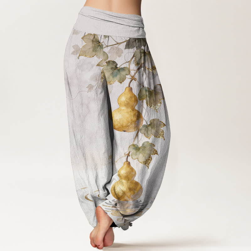 Buddha Stones Pantaloni harem da donna in cotone con motivo a foglie di zucca dorata e elastico in vita. - image 6