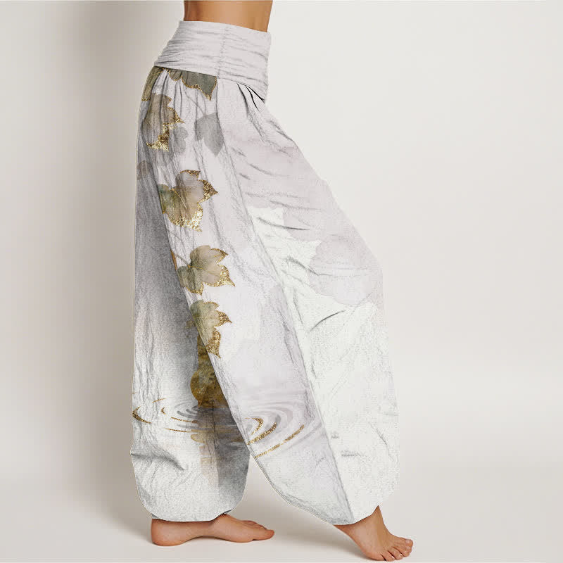 Buddha Stones Pantaloni harem da donna in cotone con motivo a foglie di zucca dorata e elastico in vita. - image 7
