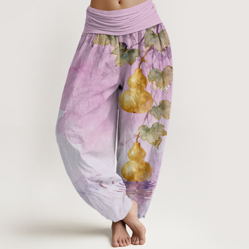 Buddha Stones Pantaloni harem da donna in cotone con motivo a foglie di zucca dorata e elastico in vita. - Prugna - US16, UK/AU20, EU48 (3XL) - image 8