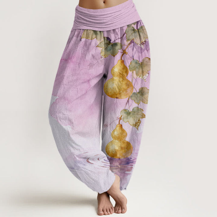 Buddha Stones Pantaloni harem da donna in cotone con motivo a foglie di zucca dorata e elastico in vita. - Prugna - US16, UK/AU20, EU48 (3XL) - image 8