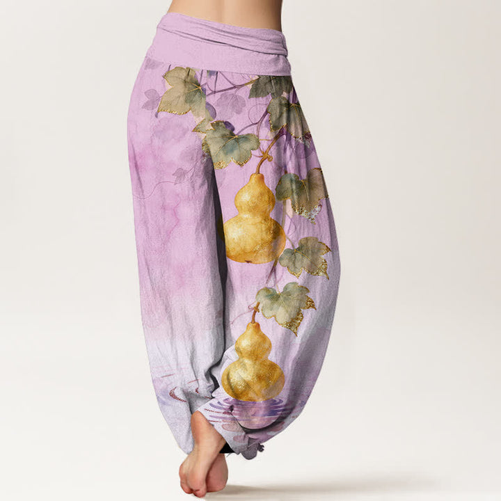 Buddha Stones Pantaloni harem da donna in cotone con motivo a foglie di zucca dorata e elastico in vita. - image 9
