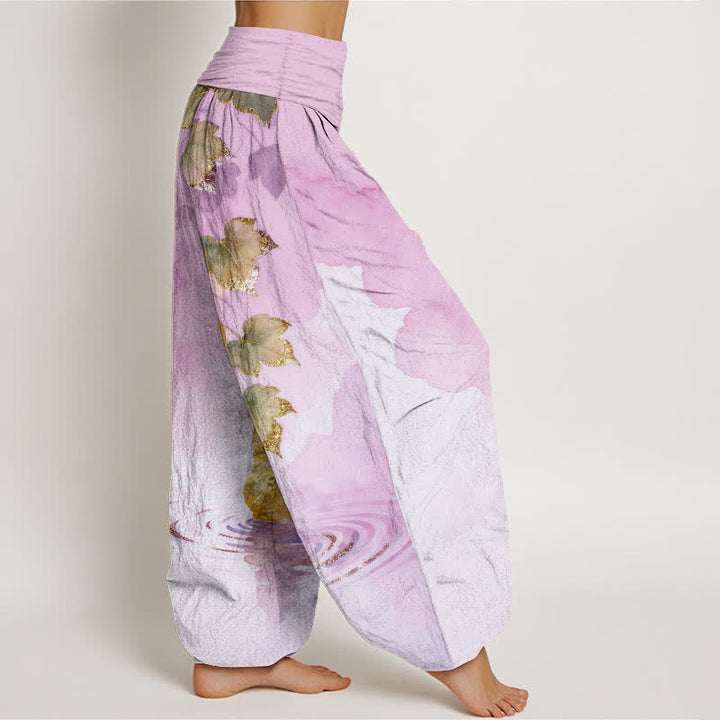 Buddha Stones Pantaloni harem da donna in cotone con motivo a foglie di zucca dorata e elastico in vita. - image 10