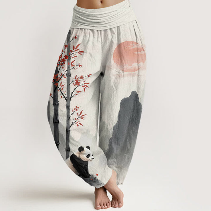 Buddha Stones Pantaloni harem da donna in cotone con stampa panda di bambù e inchiostro, con elastico in vita. - Beige - US16, UK/AU20, EU48 (3XL) - image 0