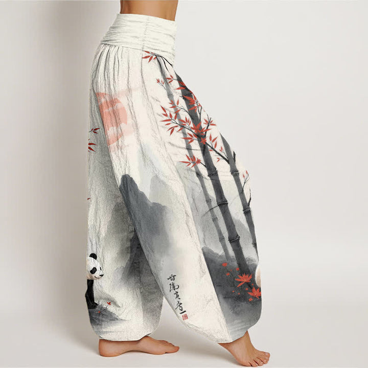 Buddha Stones Pantaloni harem da donna in cotone con stampa panda di bambù e inchiostro, con elastico in vita. - image 2