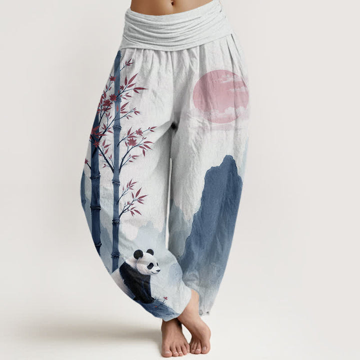Buddha Stones Pantaloni harem da donna in cotone con stampa panda di bambù e inchiostro, con elastico in vita. - WhiteSmoke - US16, UK/AU20, EU48 (3XL) - image 5