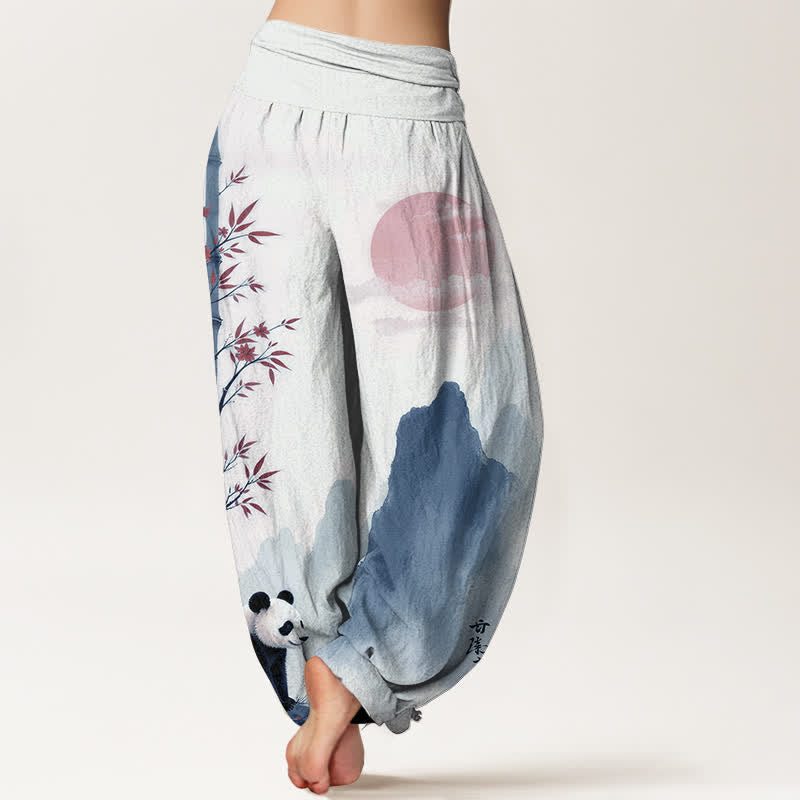 Buddha Stones Pantaloni harem da donna in cotone con stampa panda di bambù e inchiostro, con elastico in vita. - image 6