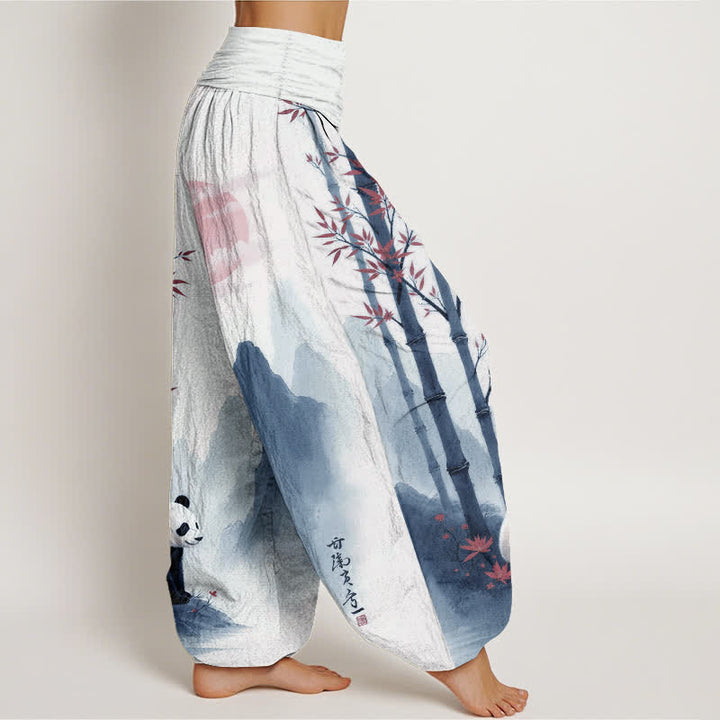 Buddha Stones Pantaloni harem da donna in cotone con stampa panda di bambù e inchiostro, con elastico in vita. - image 7