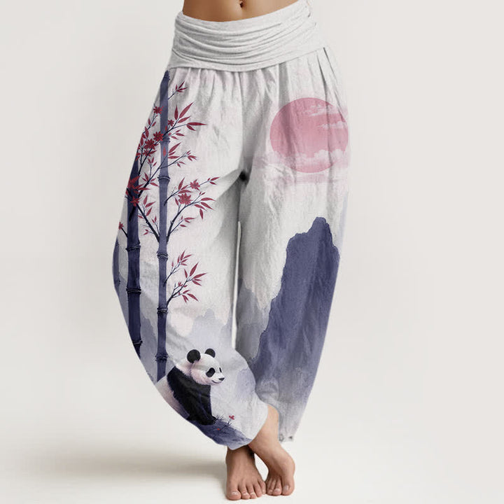 Buddha Stones Pantaloni harem da donna in cotone con stampa panda di bambù e inchiostro, con elastico in vita. - Bianco - US16, UK/AU20, EU48 (3XL) - image 8