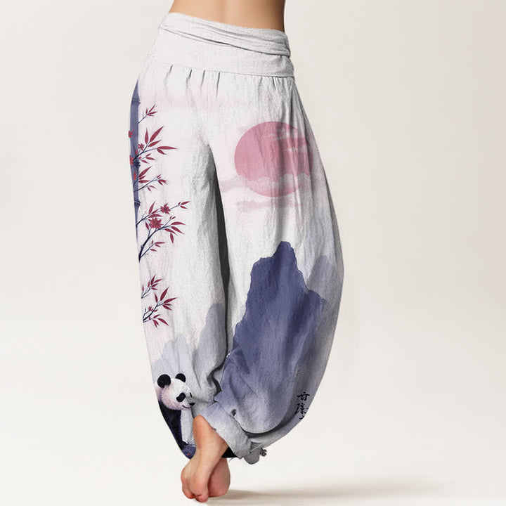 Buddha Stones Pantaloni harem da donna in cotone con stampa panda di bambù e inchiostro, con elastico in vita. - image 9