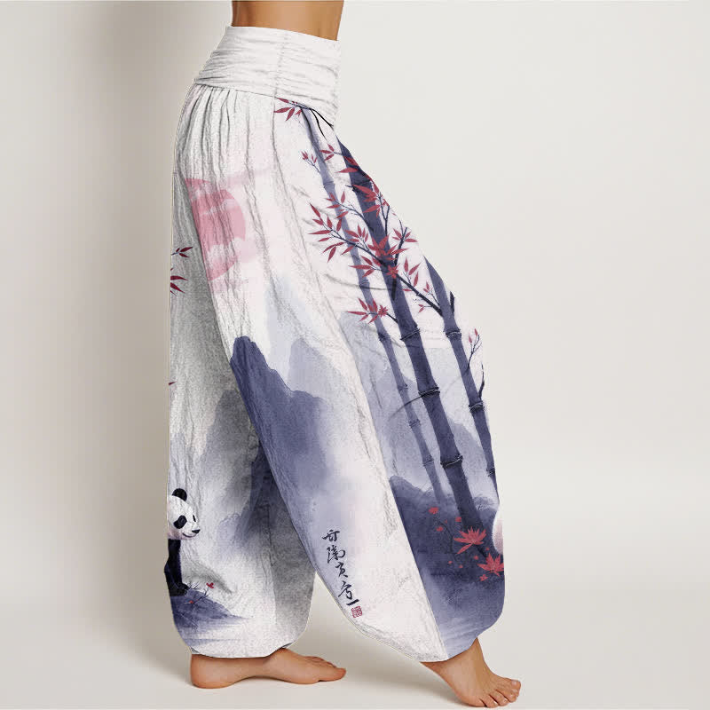 Buddha Stones Pantaloni harem da donna in cotone con stampa panda di bambù e inchiostro, con elastico in vita. - image 10