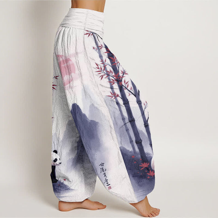 Buddha Stones Pantaloni harem da donna in cotone con stampa panda di bambù e inchiostro, con elastico in vita. - image 10