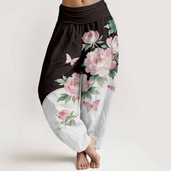 Buddha Stones Pantaloni harem da donna in puro cotone con fantasia floreale e farfalle, vita elasticizzata. - Nero - US16, UK/AU20, EU48 (3XL) - image 0