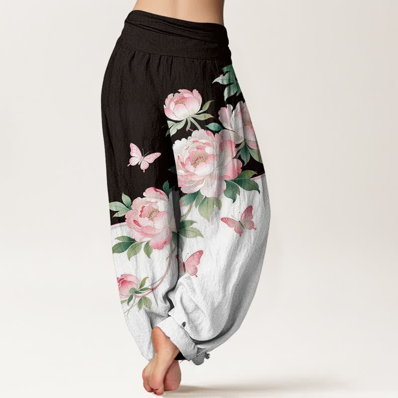 Buddha Stones Pantaloni harem da donna in puro cotone con fantasia floreale e farfalle, vita elasticizzata. - image 1
