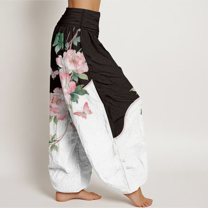 Buddha Stones Pantaloni harem da donna in puro cotone con fantasia floreale e farfalle, vita elasticizzata. - image 2