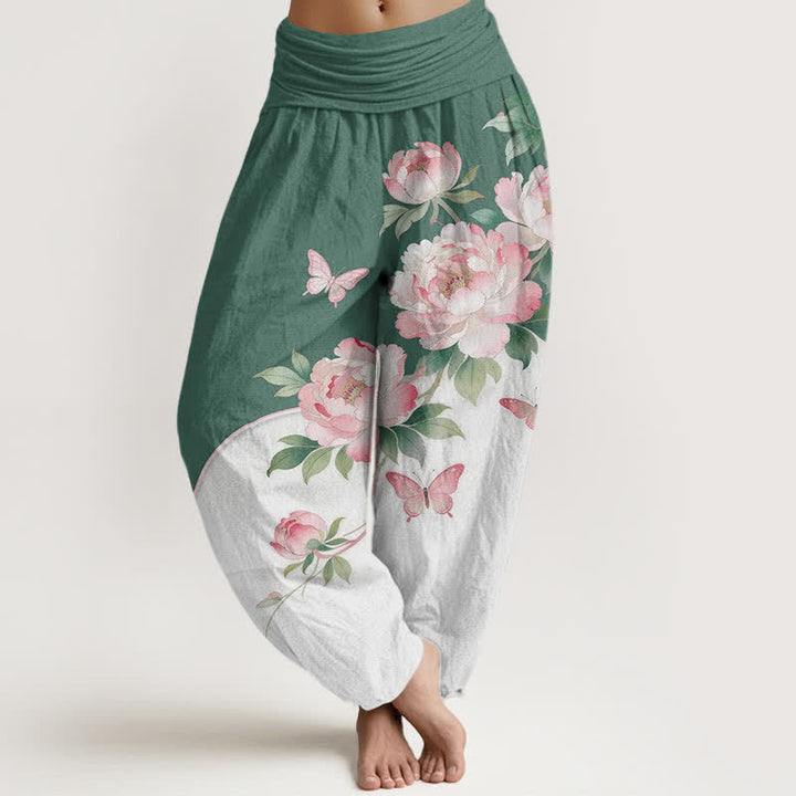 Buddha Stones Pantaloni harem da donna in puro cotone con fantasia floreale e farfalle, vita elasticizzata. - Verde medio del mare - US16, UK/AU20, EU48 (3XL) - image 5