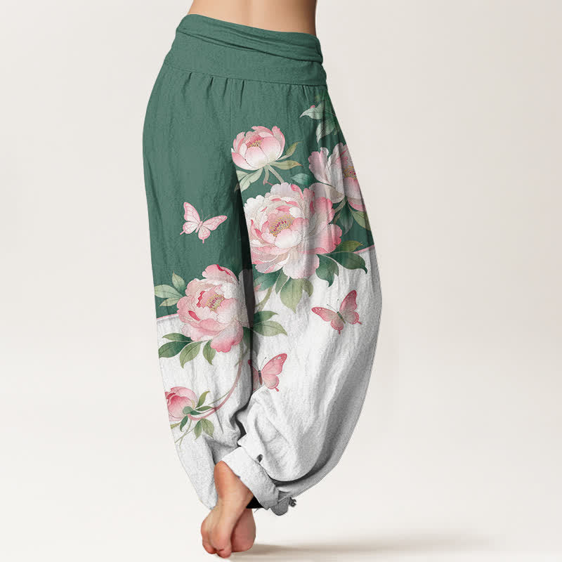 Buddha Stones Pantaloni harem da donna in puro cotone con fantasia floreale e farfalle, vita elasticizzata. - image 6