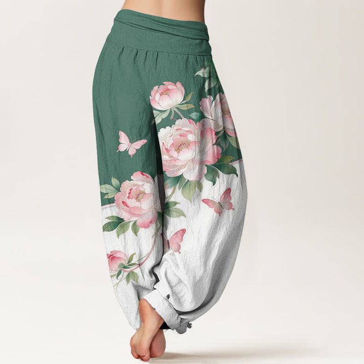 Buddha Stones Pantaloni harem da donna in puro cotone con fantasia floreale e farfalle, vita elasticizzata. - image 6
