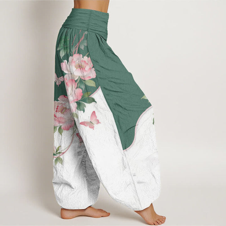 Buddha Stones Pantaloni harem da donna in puro cotone con fantasia floreale e farfalle, vita elasticizzata. - image 7