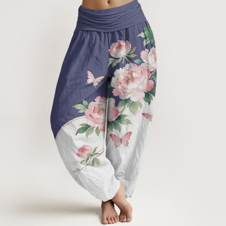 Buddha Stones Pantaloni harem da donna in puro cotone con fantasia floreale e farfalle, vita elasticizzata. - Blu Ardesia - US16, UK/AU20, EU48 (3XL) - image 8