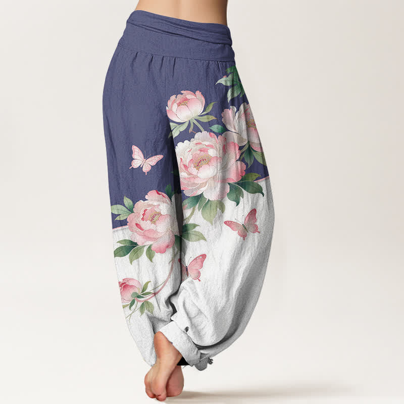 Buddha Stones Pantaloni harem da donna in puro cotone con fantasia floreale e farfalle, vita elasticizzata. - image 9