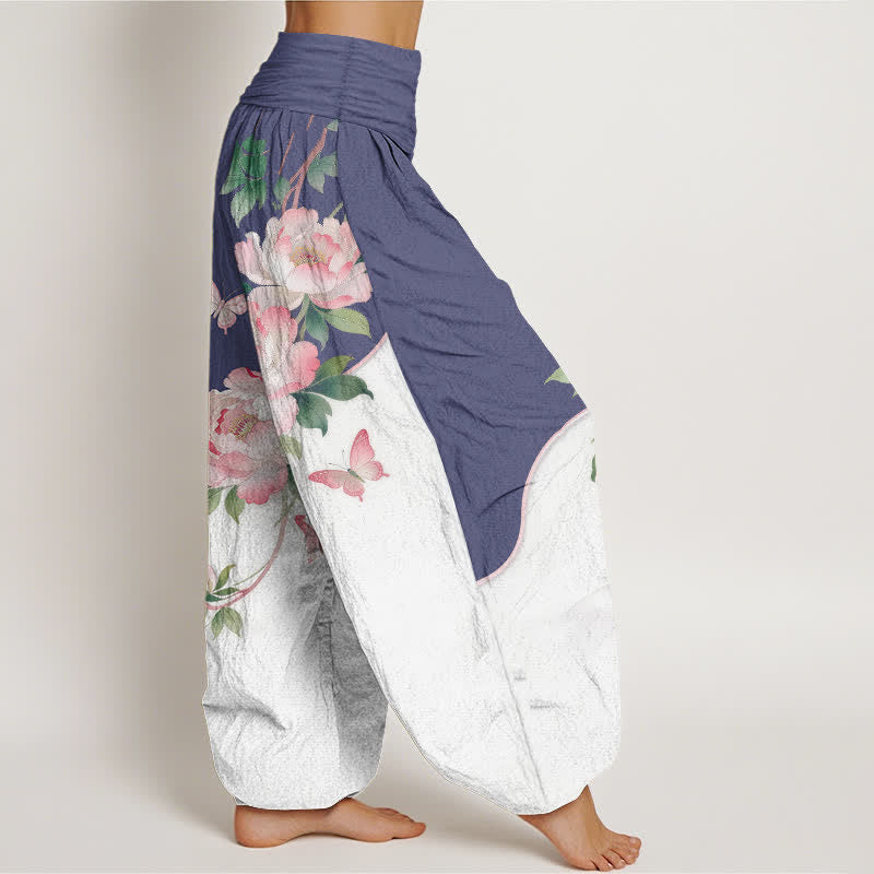 Buddha Stones Pantaloni harem da donna in puro cotone con fantasia floreale e farfalle, vita elasticizzata. - image 10